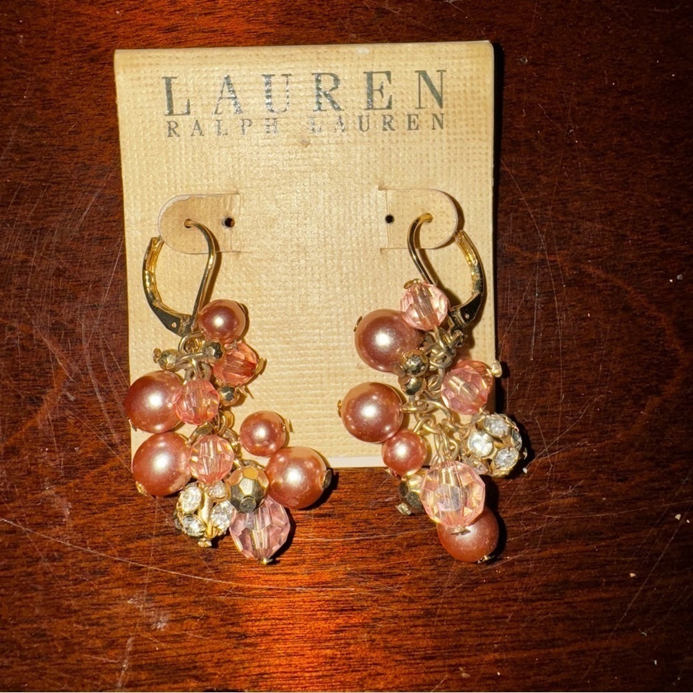 Lauren Ralph Lauren Rose Gold & Clustered Beads Hook Earrings New on Card